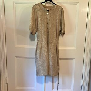 Calvin Klein tan snakeskin print shirt dress with tie and gold accents